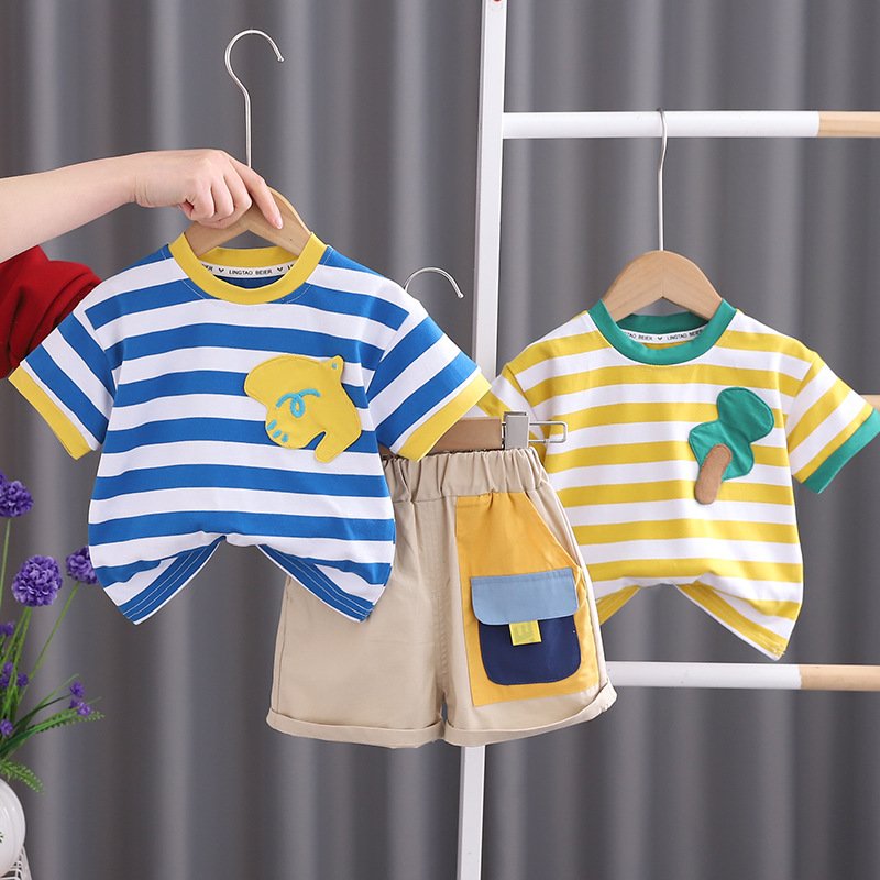 Soft Comfortable Striped crew neck Boy Shirt + shorts Suits Children's Casual Two-Piece Baby Boys Clothing Set