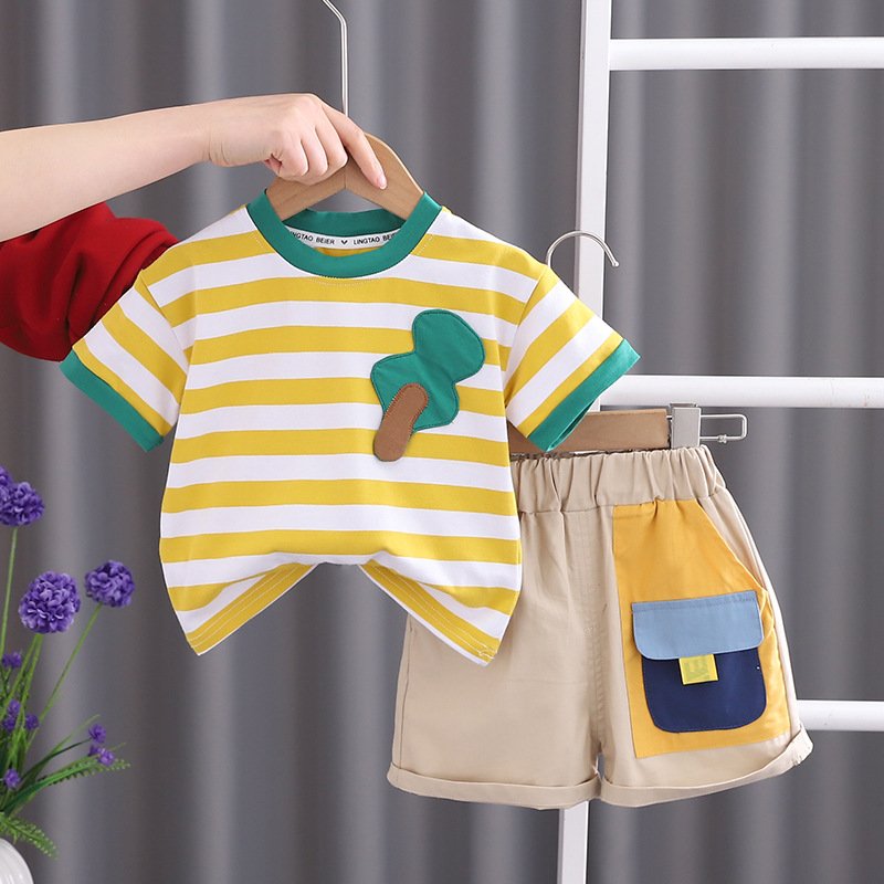 Soft Comfortable Striped crew neck Boy Shirt + shorts Suits Children's Casual Two-Piece Baby Boys Clothing Set