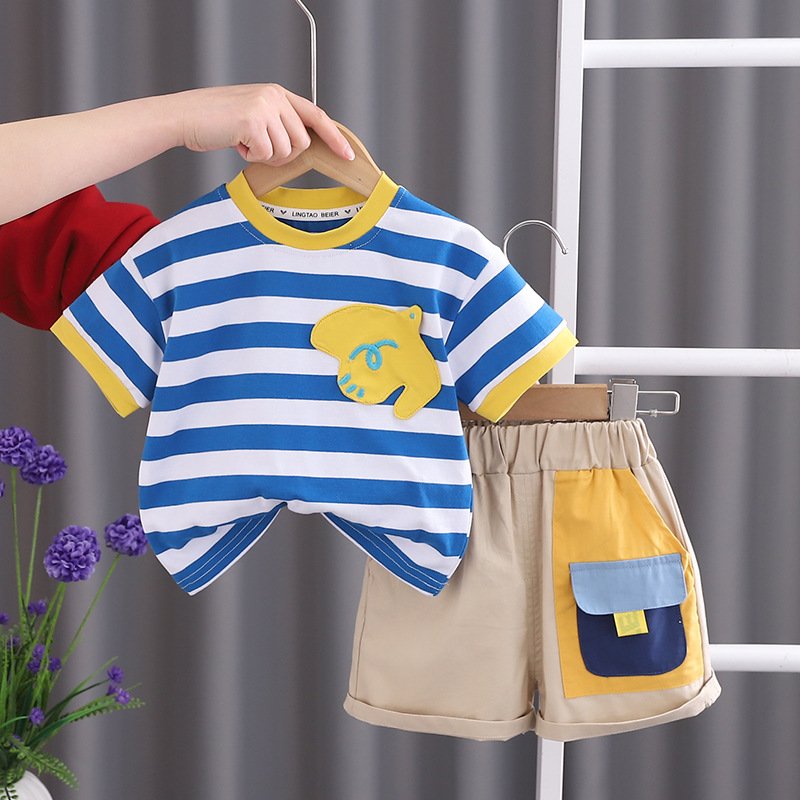 Soft Comfortable Striped crew neck Boy Shirt + shorts Suits Children's Casual Two-Piece Baby Boys Clothing Set