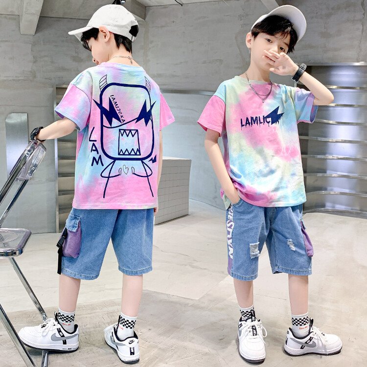 Boys Summer Suit Casual Short Sleeve Kids T-Shirt Denim Shorts 2 Piece Kids Set Teen Boys Clothing Wholesale