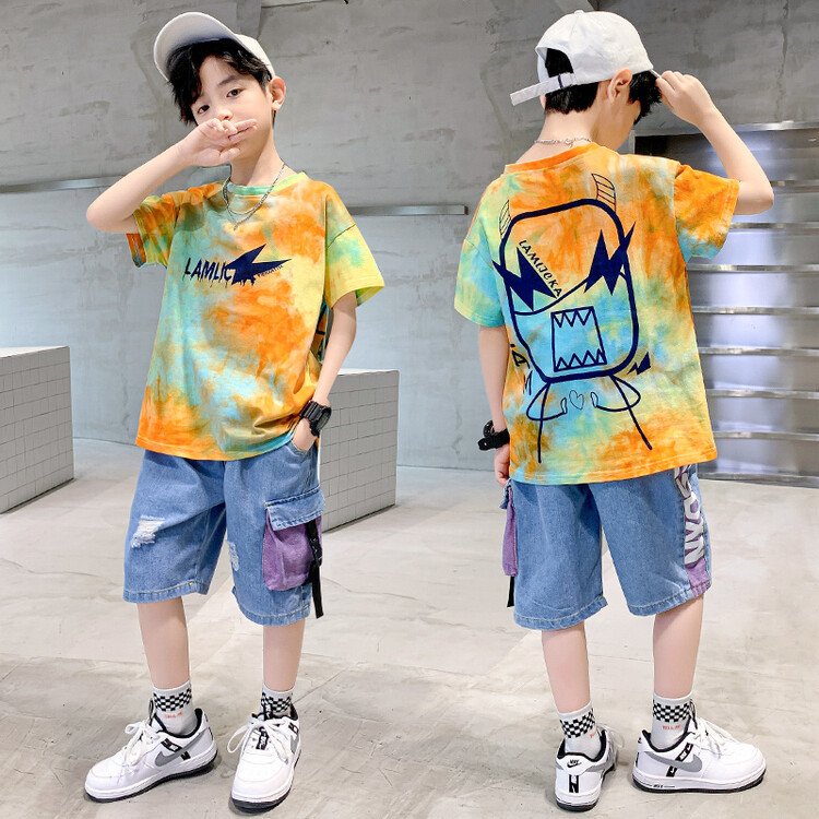 Boys Summer Suit Casual Short Sleeve Kids T-Shirt Denim Shorts 2 Piece Kids Set Teen Boys Clothing Wholesale
