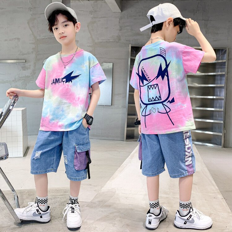 Boys Summer Suit Casual Short Sleeve Kids T-Shirt Denim Shorts 2 Piece Kids Set Teen Boys Clothing Wholesale
