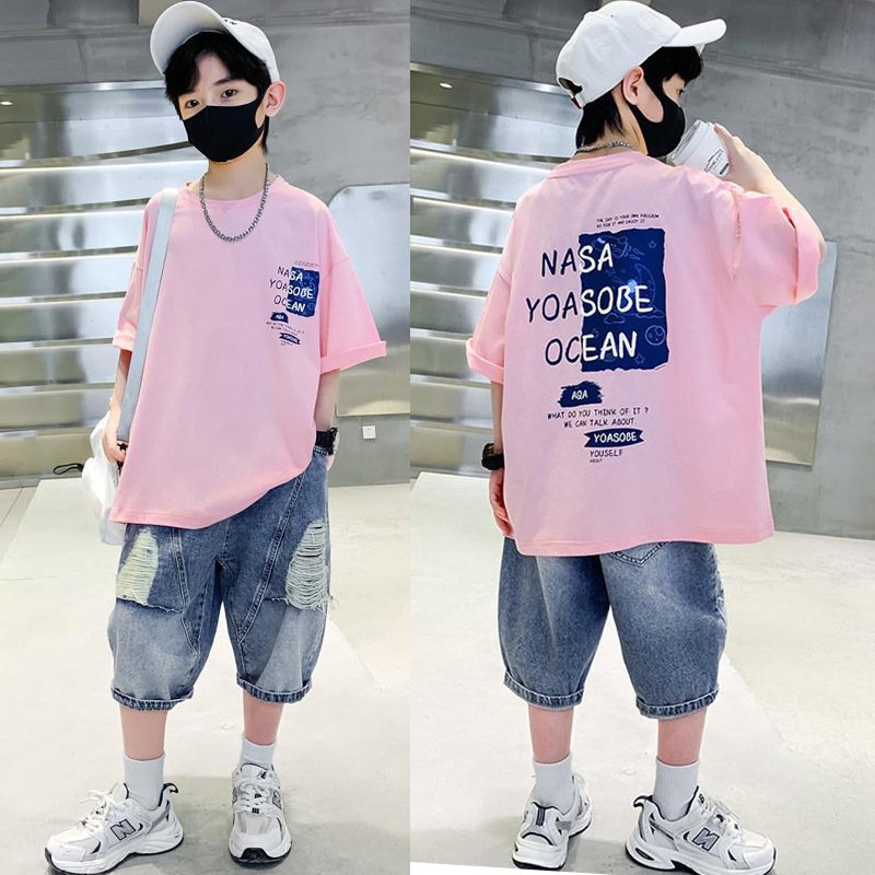 Fashion Casual Boy 2Pcs Set Drop Shoulder Design Letter-printed T-shirt Denim Shorts High Quality Wholesale Children's Clothing