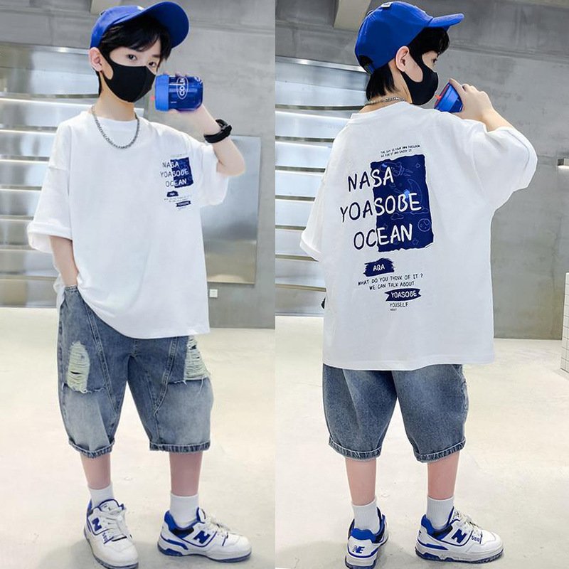 Fashion Casual Boy 2Pcs Set Drop Shoulder Design Letter-printed T-shirt Denim Shorts High Quality Wholesale Children's Clothing