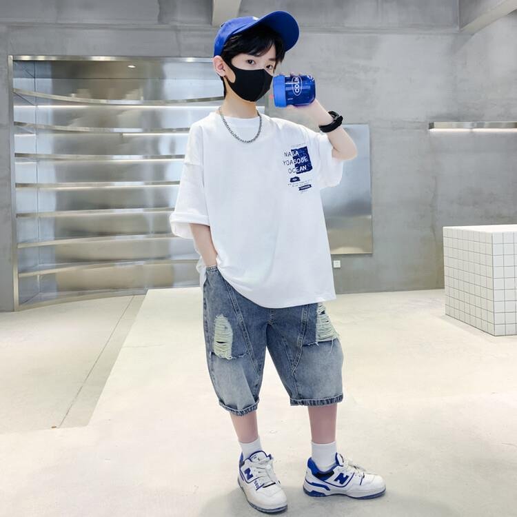Fashion Casual Boy 2Pcs Set Drop Shoulder Design Letter-printed T-shirt Denim Shorts High Quality Wholesale Children's Clothing