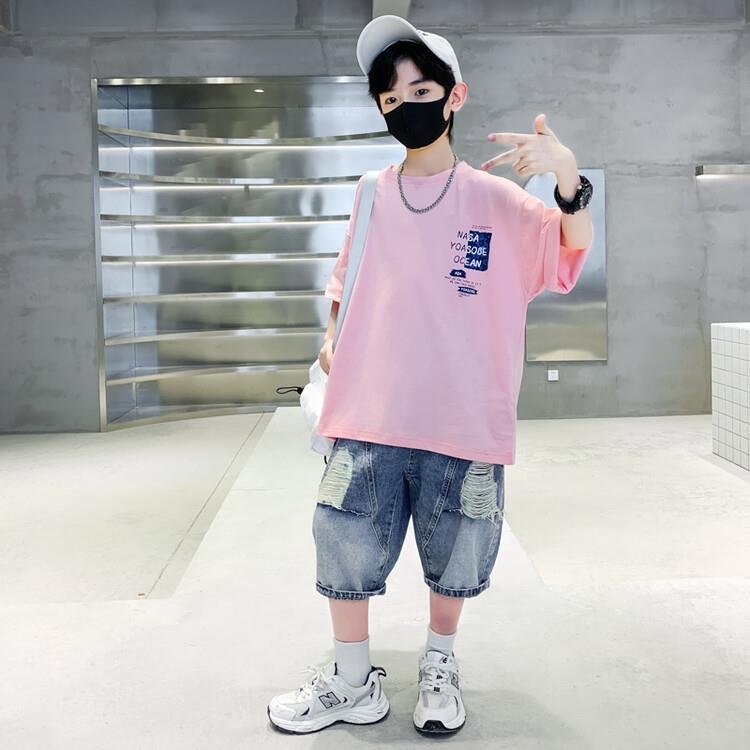 Fashion Casual Boy 2Pcs Set Drop Shoulder Design Letter-printed T-shirt Denim Shorts High Quality Wholesale Children's Clothing