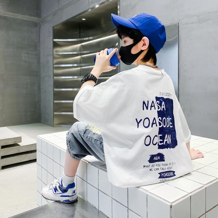 Fashion Casual Boy 2Pcs Set Drop Shoulder Design Letter-printed T-shirt Denim Shorts High Quality Wholesale Children's Clothing