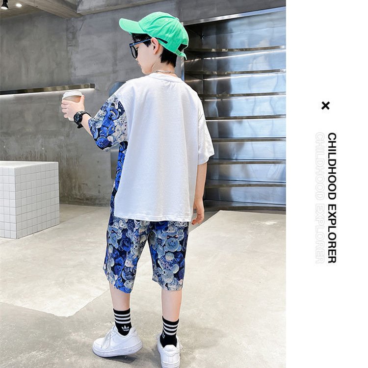 2023 Children's Wear Summer Teen Boys Clothing Sets 3D Cartoon Bear Print Patchwork Short Sleeve Kids Clothing Boys