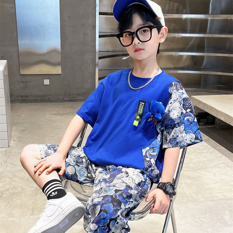 2023 Children's Wear Summer Teen Boys Clothing Sets 3D Cartoon Bear Print Patchwork Short Sleeve Kids Clothing Boys