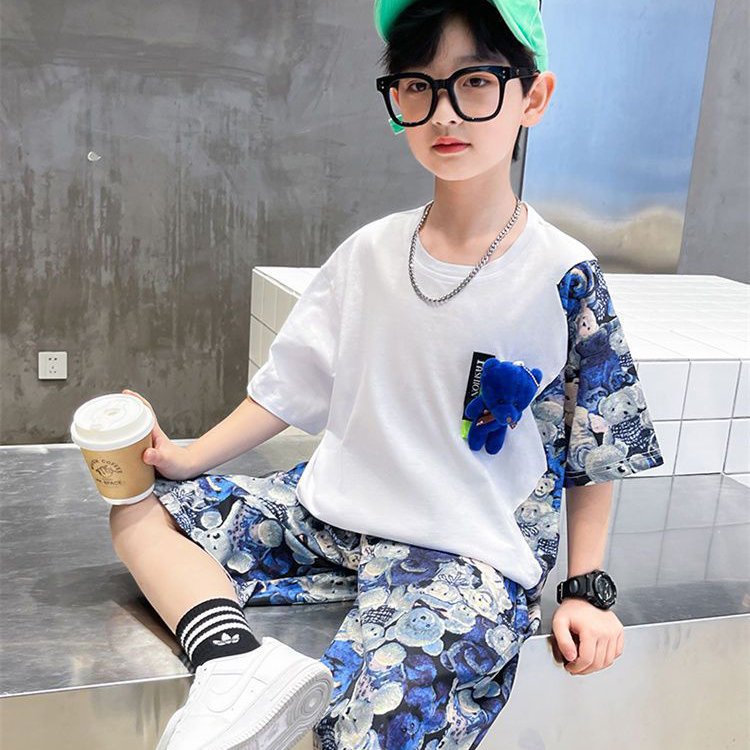 2023 Children's Wear Summer Teen Boys Clothing Sets 3D Cartoon Bear Print Patchwork Short Sleeve Kids Clothing Boys