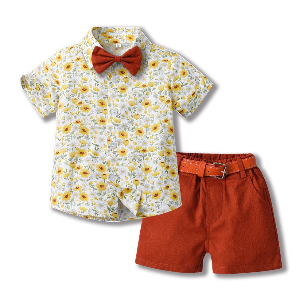 Summer Lapel Cotton Shirt Bow Tie Cardigan Short Sleeve Shorts Set