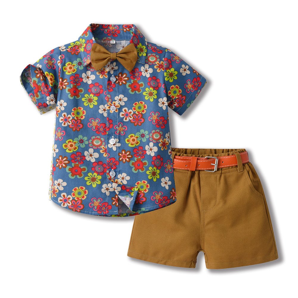 Summer Lapel Cotton Shirt Bow Tie Cardigan Short Sleeve Shorts Set