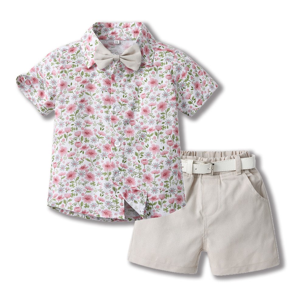 Summer Lapel Cotton Shirt Bow Tie Cardigan Short Sleeve Shorts Set
