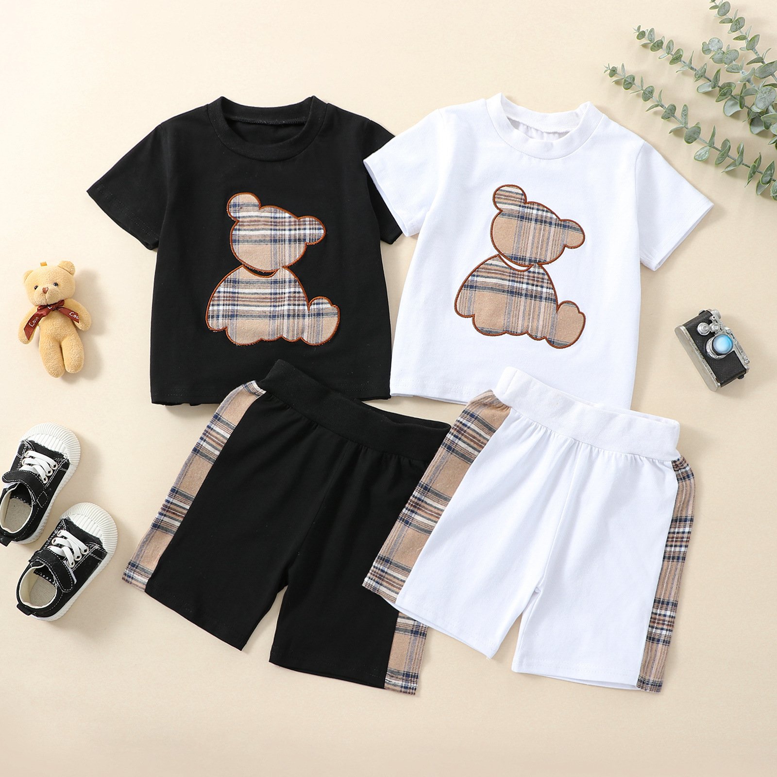Summer Infant Baby Boys Girls Outfits Short Sleeve Plaid T-shirt shorts Casual Daily Clothes