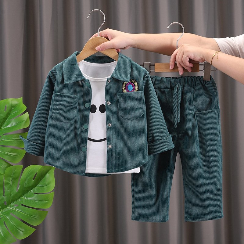 New Wholesale Spring Autumn Kids Corduroy Suits Jacket+T-shirt+Pants 3pcs Baby Boys Casual Clothing Sets