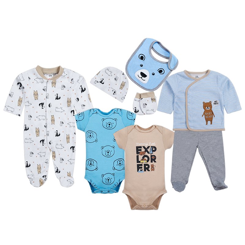 8pcs New Born Clothing Sets Cotton Infant Boy Baby Footed Pajamas Romper Gift Clothing Set Full Sleeve Length Fashion
