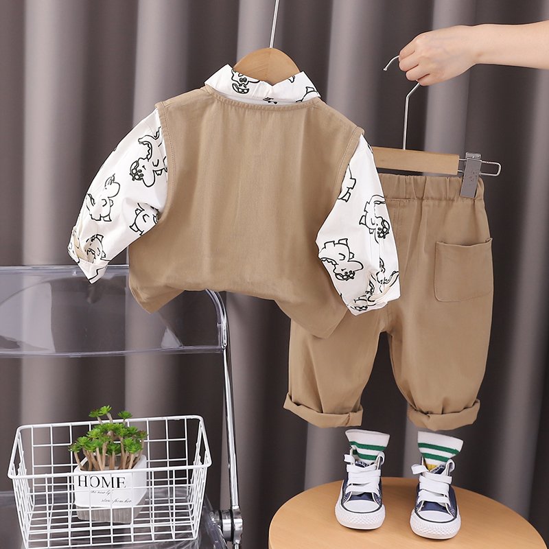 Korean Preppy Style High Quality Boy Girls Clothing Set for Spring Autumn Casual Pants 3D Cartoon Cargo Vest Short-Sleeved Shirt