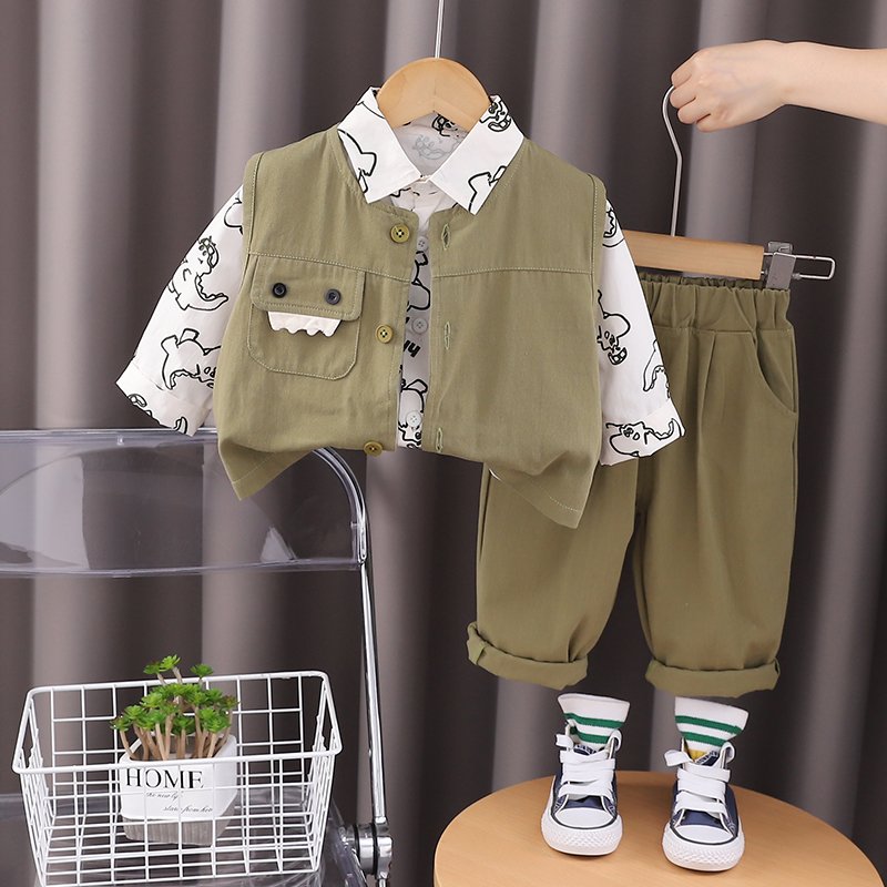 Korean Preppy Style High Quality Boy Girls Clothing Set for Spring Autumn Casual Pants 3D Cartoon Cargo Vest Short-Sleeved Shirt