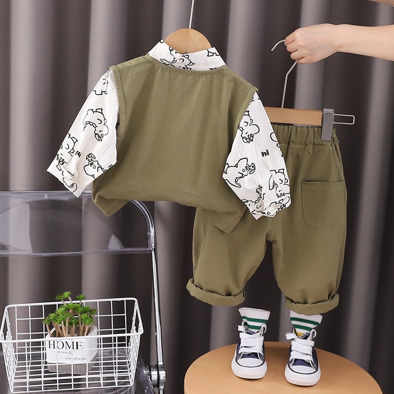 Korean Preppy Style High Quality Boy Girls Clothing Set for Spring Autumn Casual Pants 3D Cartoon Cargo Vest Short-Sleeved Shirt