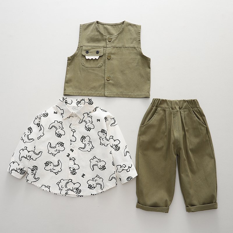 Korean Preppy Style High Quality Boy Girls Clothing Set for Spring Autumn Casual Pants 3D Cartoon Cargo Vest Short-Sleeved Shirt