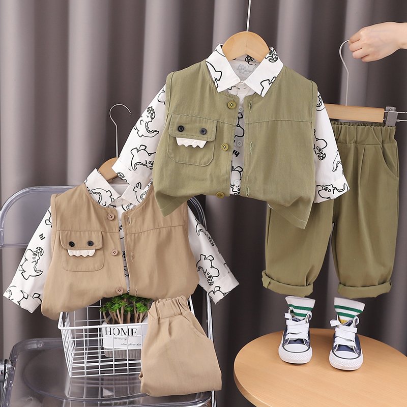 Korean Preppy Style High Quality Boy Girls Clothing Set for Spring Autumn Casual Pants 3D Cartoon Cargo Vest Short-Sleeved Shirt