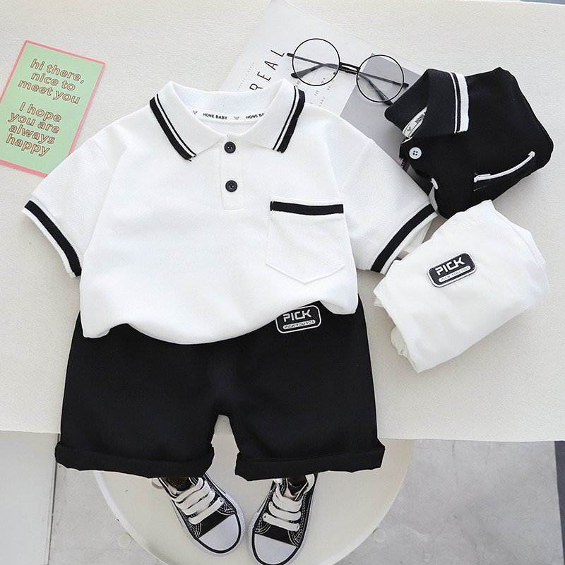 Summer New Hot Selling Comfortable Pure Cotton Business Flip Collar Solid Color Simple Short Sleeve Boys Set Wholesale