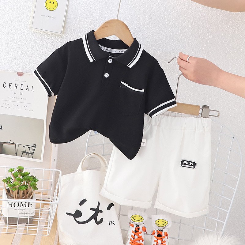 Summer New Hot Selling Comfortable Pure Cotton Business Flip Collar Solid Color Simple Short Sleeve Boys Set Wholesale