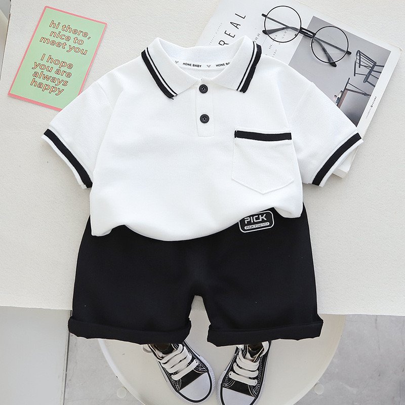 Summer New Hot Selling Comfortable Pure Cotton Business Flip Collar Solid Color Simple Short Sleeve Boys Set Wholesale
