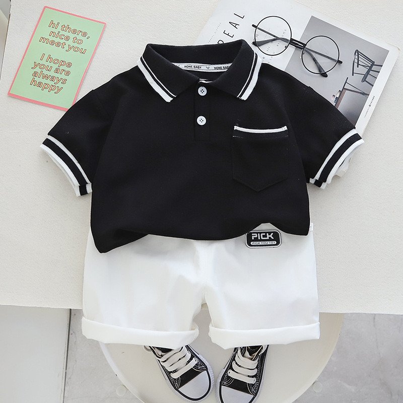 Summer New Hot Selling Comfortable Pure Cotton Business Flip Collar Solid Color Simple Short Sleeve Boys Set Wholesale