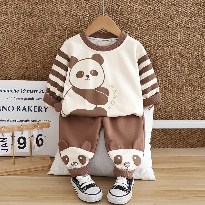 2024 Autumn/Winter Boys Clothing Set Soft Shell Cute Cartoon 3D Patterned Panda Warm Two-Piece Hoodie with Long Sleeve Children