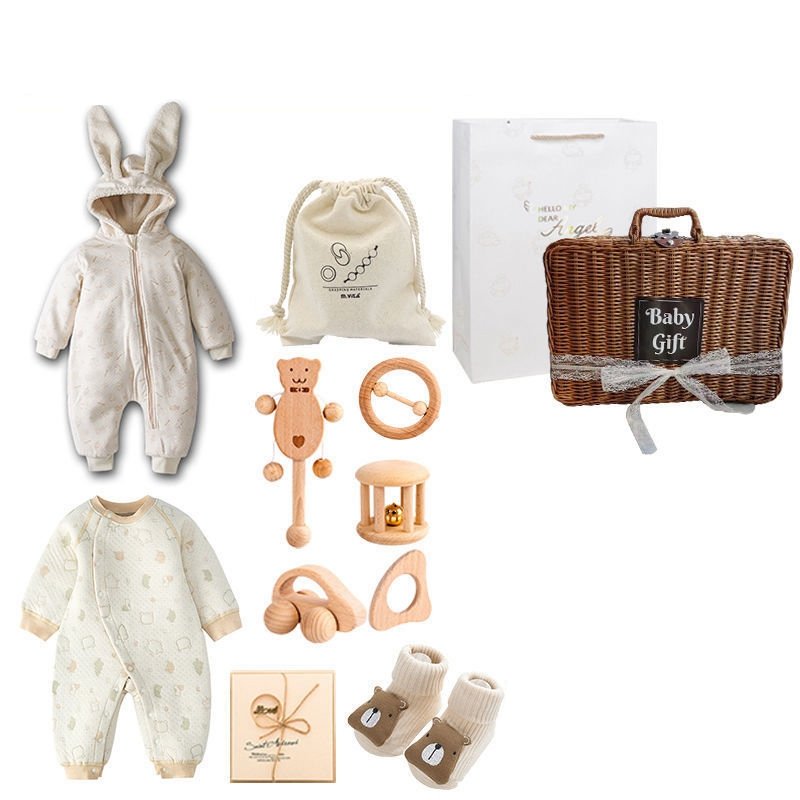 12Pcs Baby Rompers Jumpsuits Clothing Sets With Luxury Box Soft Cotton Clothes And Wooden Teething Toys Newborn Gift Set