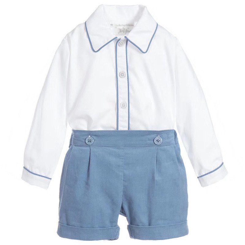 Boys Gentleman Suit Kids Boutique Clothes Set Long Sleeve Lapel Shirt Blue Short Pants Baby Boy Birthday Outfits