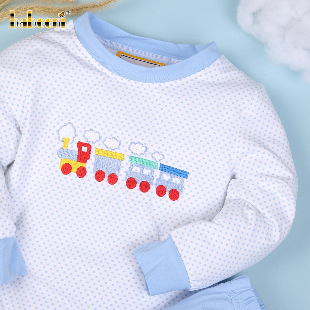 Embroidery train sleepwear blue long set - BB1969