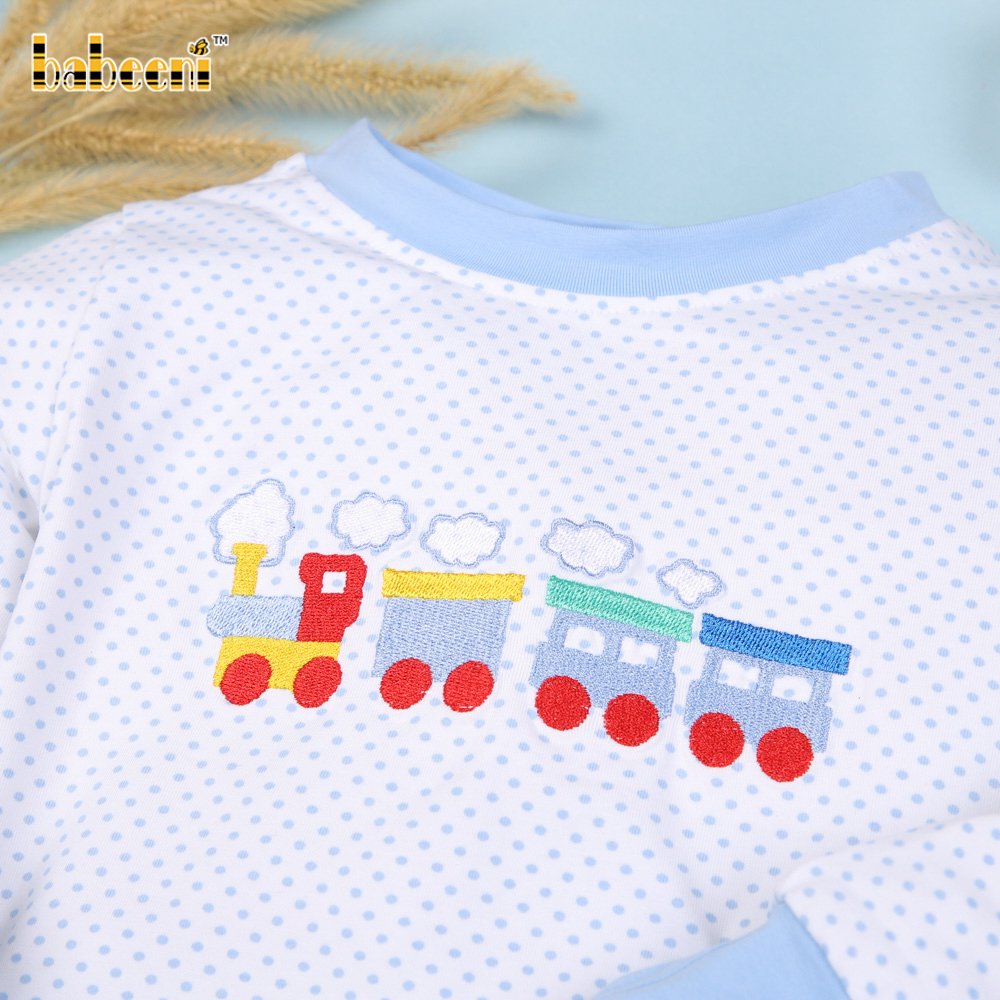 Embroidery train sleepwear blue long set - BB1969