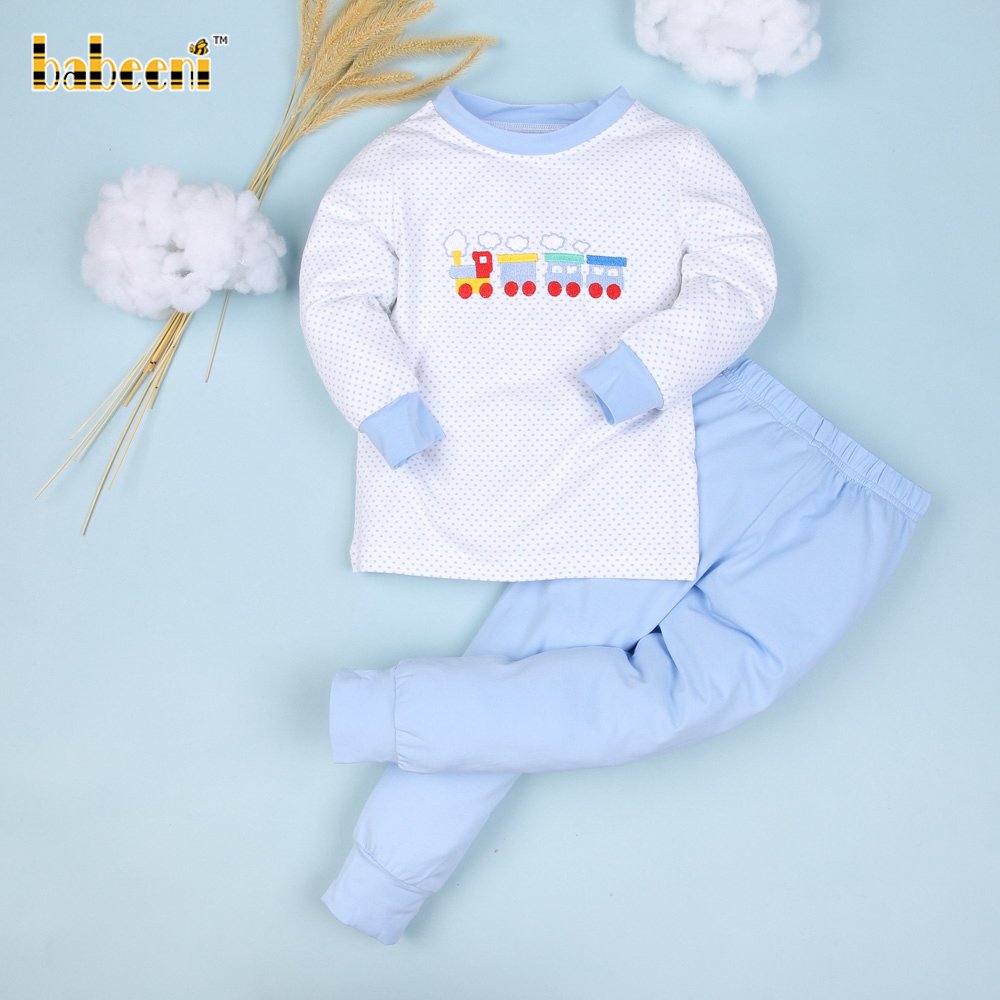 Embroidery train sleepwear blue long set - BB1969
