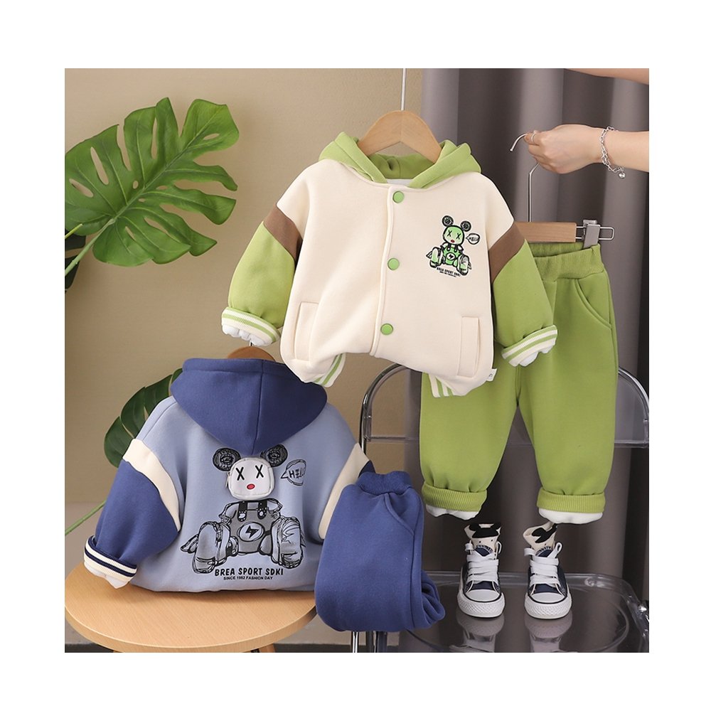 Children's clothing Boy baby Autumn winter Bear coat two-piece set long sleeve plus fleece hoodie fleece trousers cotton