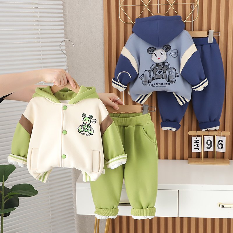 Children's clothing Boy baby Autumn winter Bear coat two-piece set long sleeve plus fleece hoodie fleece trousers cotton