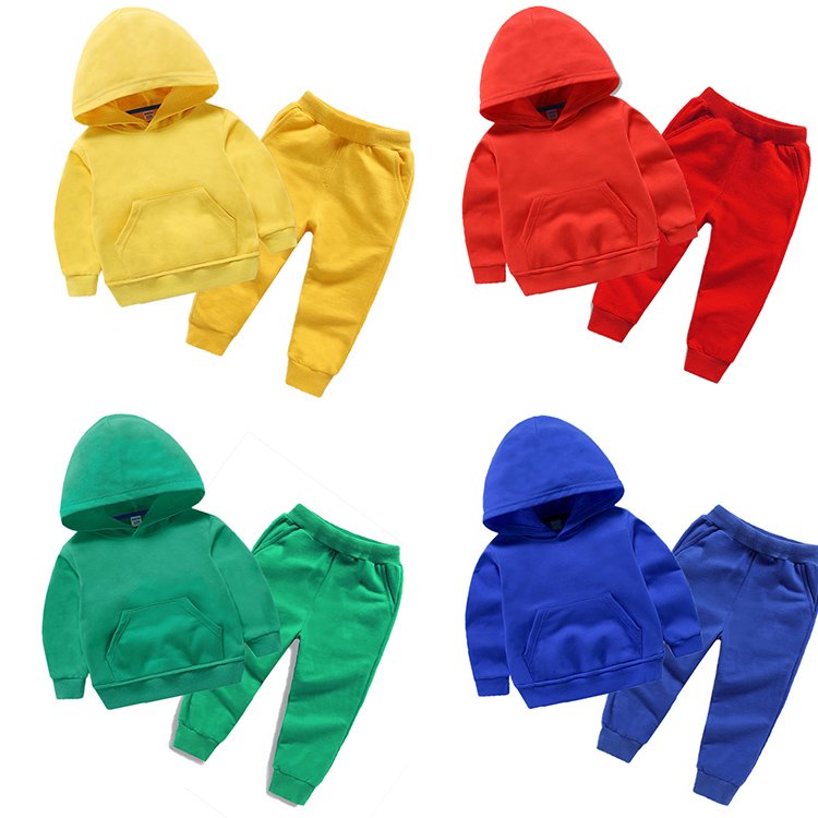 Conyson Cotton Children Plain Solid Color 2pcs Set Fashion Custom kids wholesale hoodies LOGO Tracksuit Child Clothing Set
