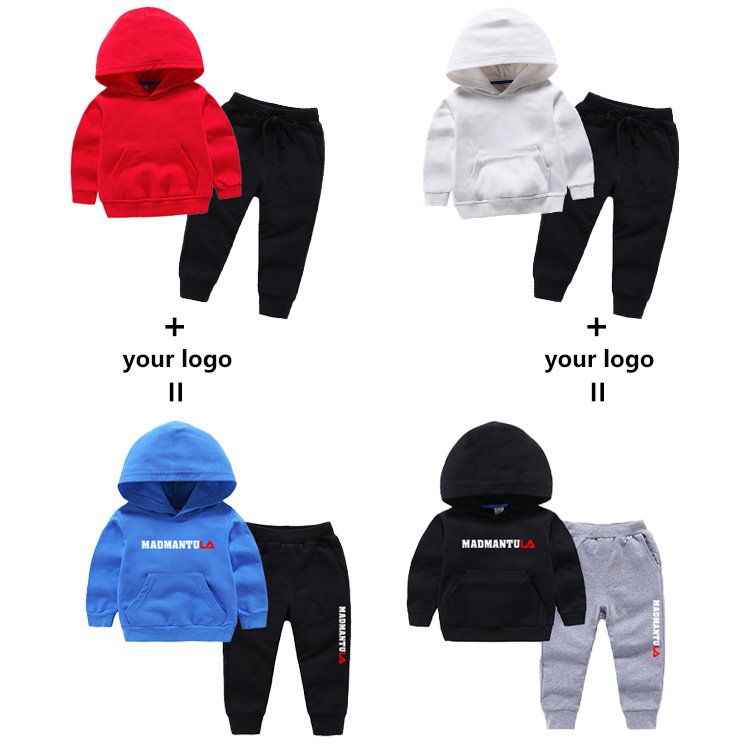 Conyson Cotton Children Plain Solid Color 2pcs Set Fashion Custom kids wholesale hoodies LOGO Tracksuit Child Clothing Set