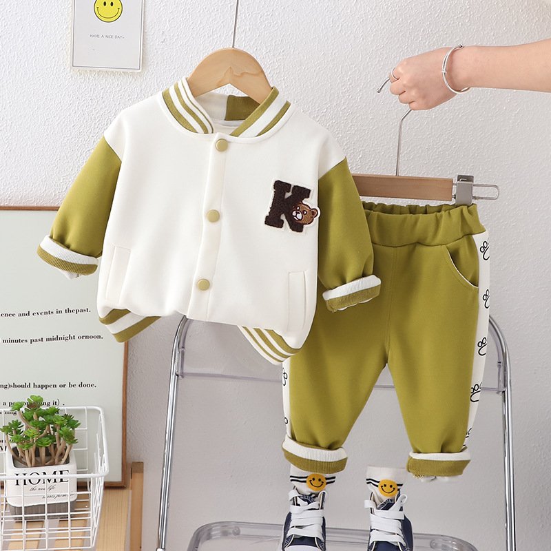 New style toddler boy autumn cute alphabet cartoon spliced back lace-up bear baseball suit
