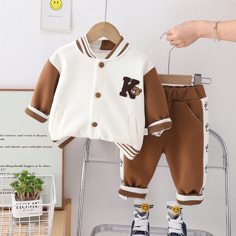 New style toddler boy autumn cute alphabet cartoon spliced back lace-up bear baseball suit