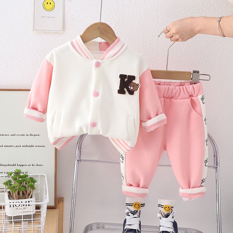 New style toddler boy autumn cute alphabet cartoon spliced back lace-up bear baseball suit
