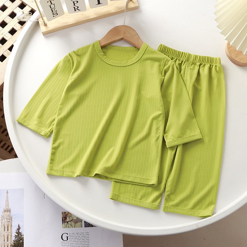 Summer children's solid color thin boneless three-quarter sleeve pajamas and pants leisure suit