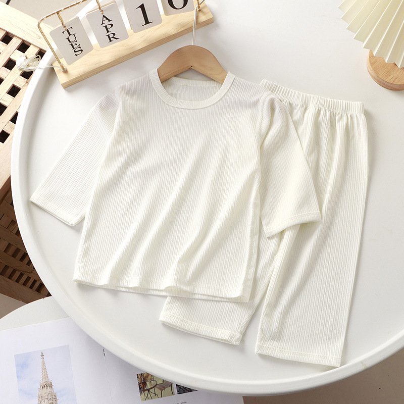 Summer children's solid color thin boneless three-quarter sleeve pajamas and pants leisure suit