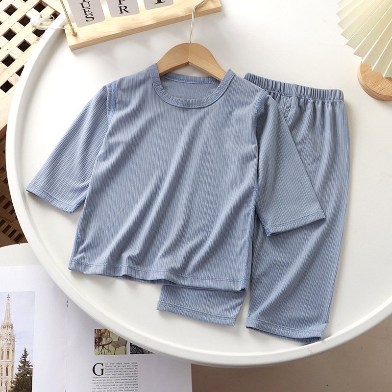 Summer children's solid color thin boneless three-quarter sleeve pajamas and pants leisure suit