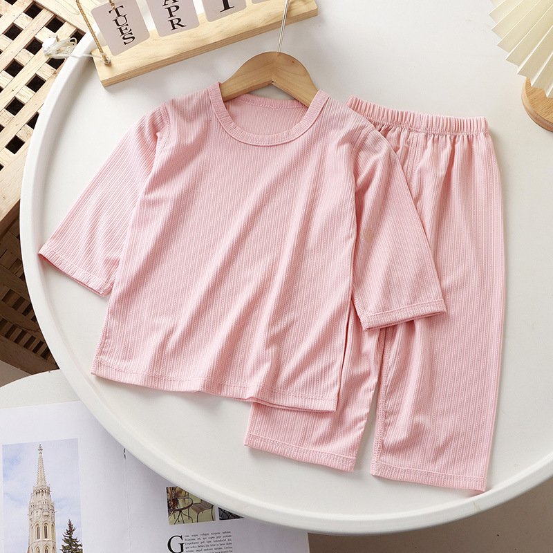 Summer children's solid color thin boneless three-quarter sleeve pajamas and pants leisure suit