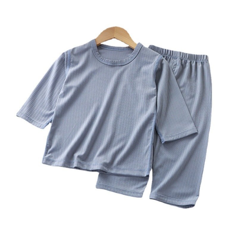 Summer children's solid color thin boneless three-quarter sleeve pajamas and pants leisure suit