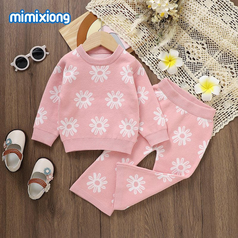 New style mimixiong soft knitted lovely flower pattern newborn baby sweaters and pants clothes wear clothing 2pcs sets