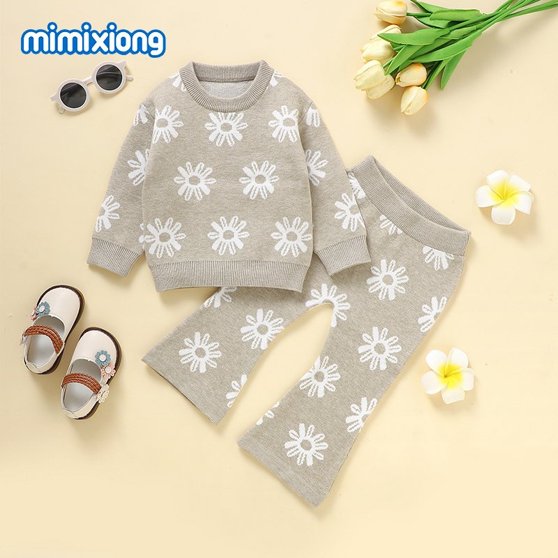 New style mimixiong soft knitted lovely flower pattern newborn baby sweaters and pants clothes wear clothing 2pcs sets