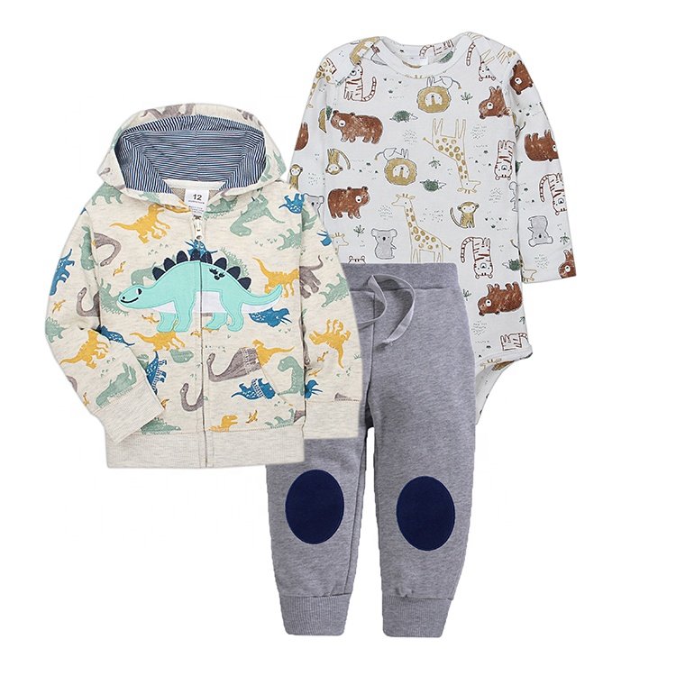 Wholesale 3 pieces long sleeves romper + jacket + pants boy girl baby clothes set 100% cotton